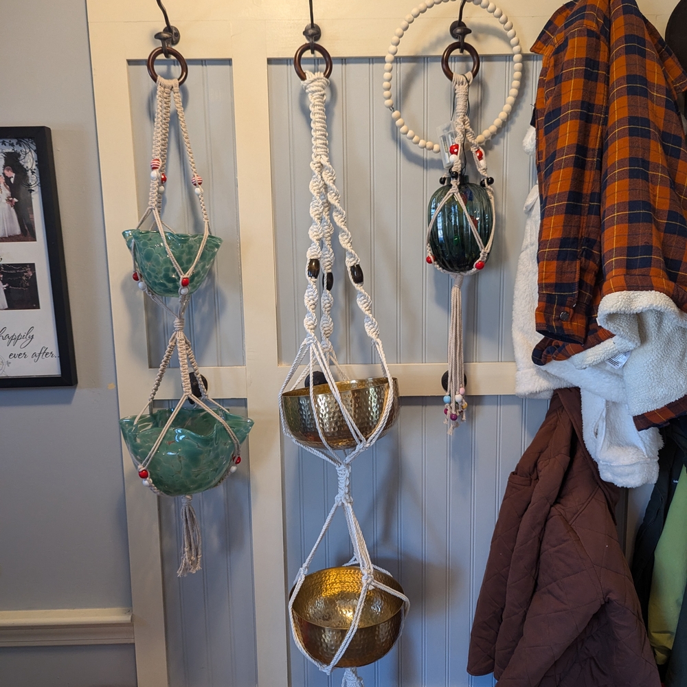 Handcrafted Macrame Hanging Planters with Gold and Green Pots